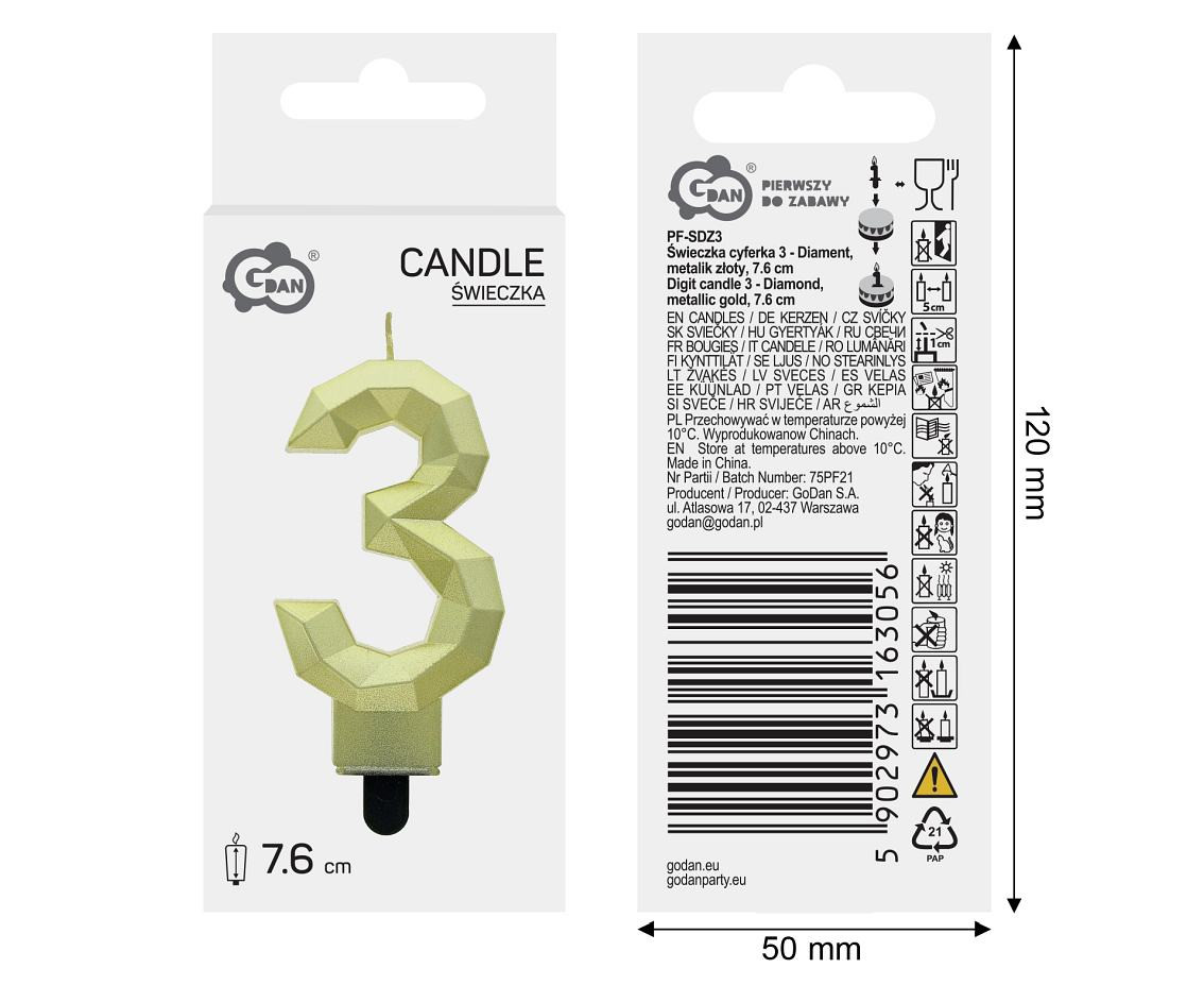 Digit candle 3 - Diamond , metallic gold, 7.6 cm